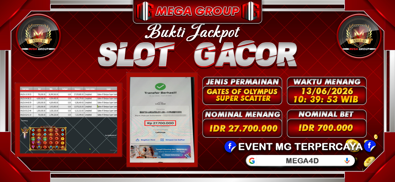 Bukti JP situs Mega4D hari Sabtu, 13 Juni 2026